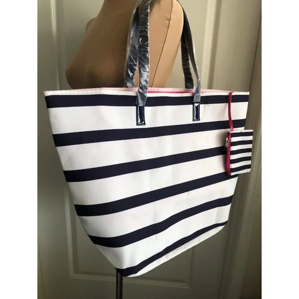 WHITE BLUE STRIPED TOTE BEACH GYM LAPT. HANDBAG W/ZIP POUCH ATTACHED NEW